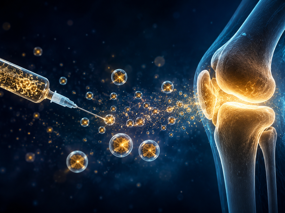 A dramatic medical visualization showing golden glowing